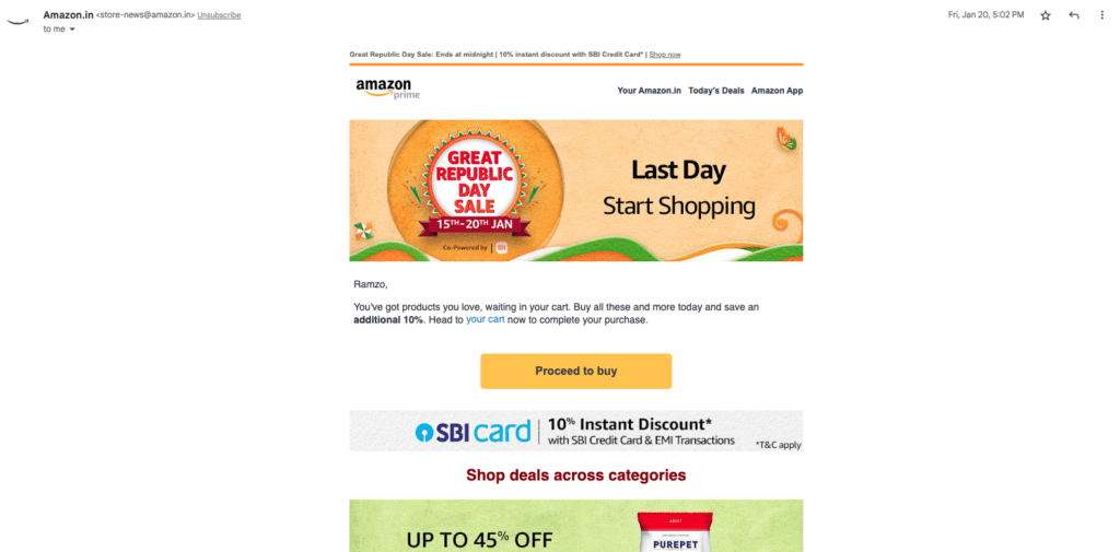 Amazon.in Card Abandonment email marketing campaign